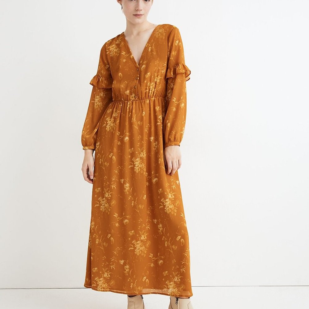 Madewell Ruffle-Sleeve Button Front Dress in Tonal Botanical